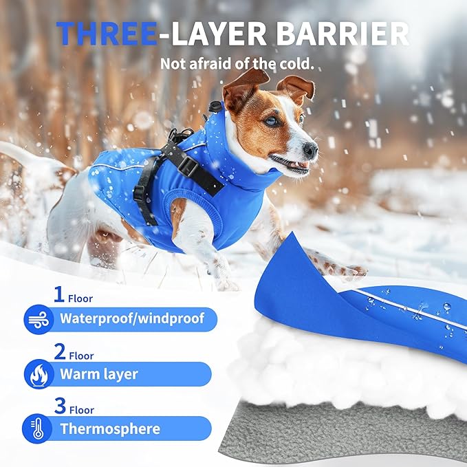 Dog Winter Coat Reflective Water-Resistant Jacket, Fleece Lined Windproof Puppy Coat with Back Zipper & D-Ring, Cold Weather Dog Coats for Small Medium Dogs (M,Blue)