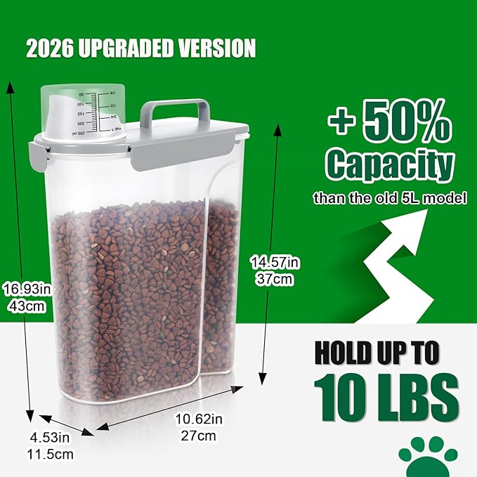 TBMax 10 lbs Cat Dog Food Storage Container, 2026 Upgraded Large Pouring Container for Pet Food Storage, Bird Seed Dispenser, Portable Travel Kibble Holder -Light Grey