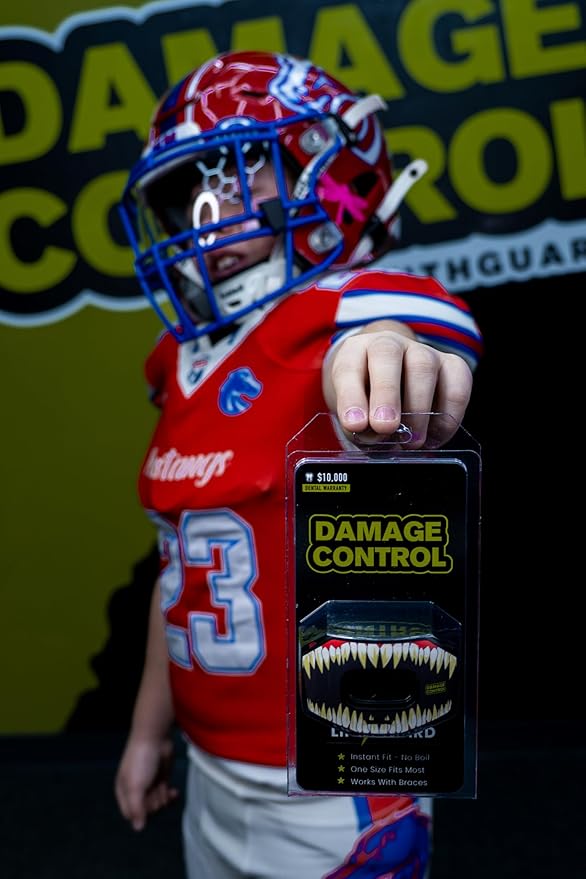 DAMAGE CONTROL Youth Football Mouth Guard – Breathable No Boil Mouthpiece, Protects Lips & Teeth, Works with Braces, Includes Helmet Strap – Sports Gear & Accessories (Symbite)