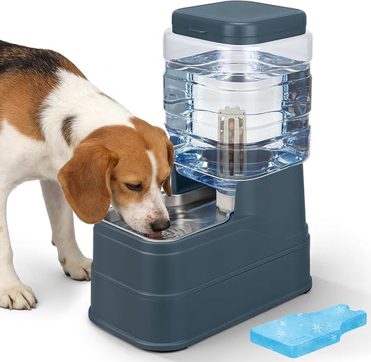 Automatic Dog Water Dispenser Gravity Stainless Steel Water Feeder Cat Waterer Feeder with Wide Mouth Bowl for Small Medium Dog Puppy Kitten (Filter &Ice Pack Included) 1.6Gallon Navy