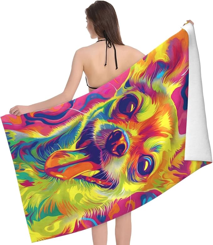 Colorful Chihuahua Beach Towel Dog Sand-Free Microfiber Bath Towel Ultra Soft Quick Dry Pool Towel Absorbent Towel Lightweight Towel Gifts for Outdoor Bathroom Swimming Decor 31inx51in