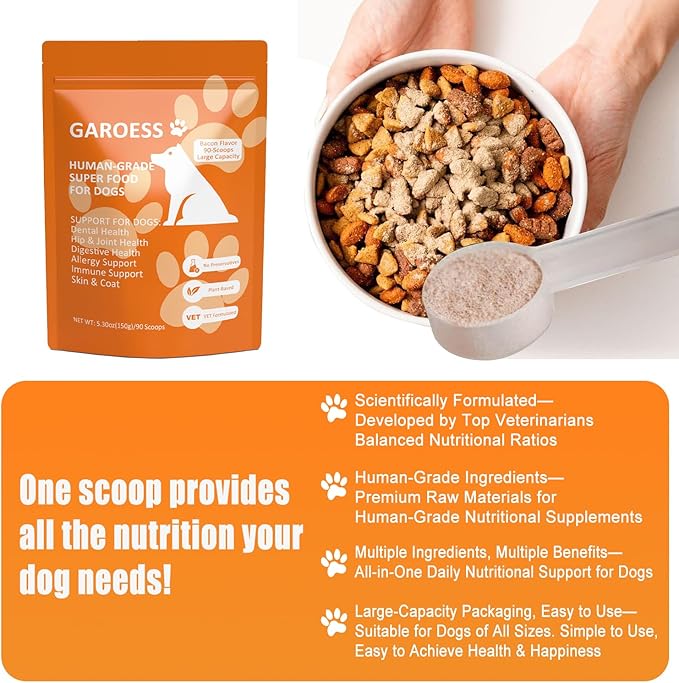 Human Grade Superfood for Dogs, Premium Green Powder, Cranberry,Pumpkin Powder, chlorella for Dental & Teeth, Hip & Joint, Gut Health, Allergies, Immune, Skin, Large Size, 90 Scoops（5.3oz