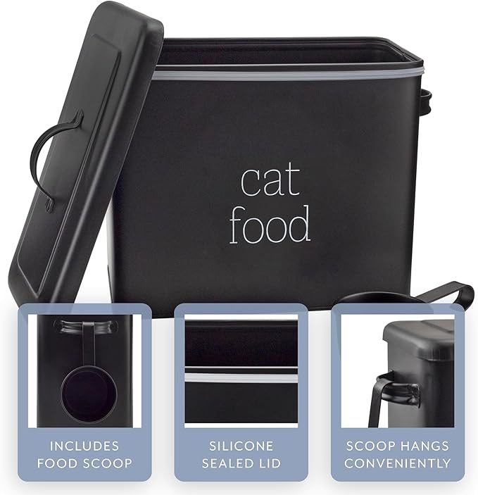AuldHome Design Farmhouse Cat Food Container (Black) Enamel Look Rustic Cat Food Bin with Scoop