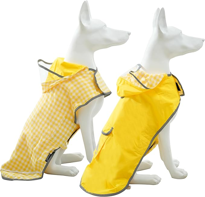 MAMORE Dog Raincoat Reversible,Waterproof Dog Rain Coat Hooded Slicker Poncho with Reflective Strip, Plaid Double Layer Rain Jacket for Small Medium Large Dogs (Yellow, Small(9-13lb))