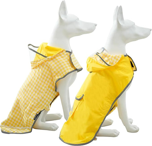 MAMORE Dog Raincoat Reversible,Waterproof Dog Rain Coat Hooded Slicker Poncho with Reflective Strip, Plaid Double Layer Rain Jacket for Small Medium Large Dogs (Yellow, Small(9-13lb))