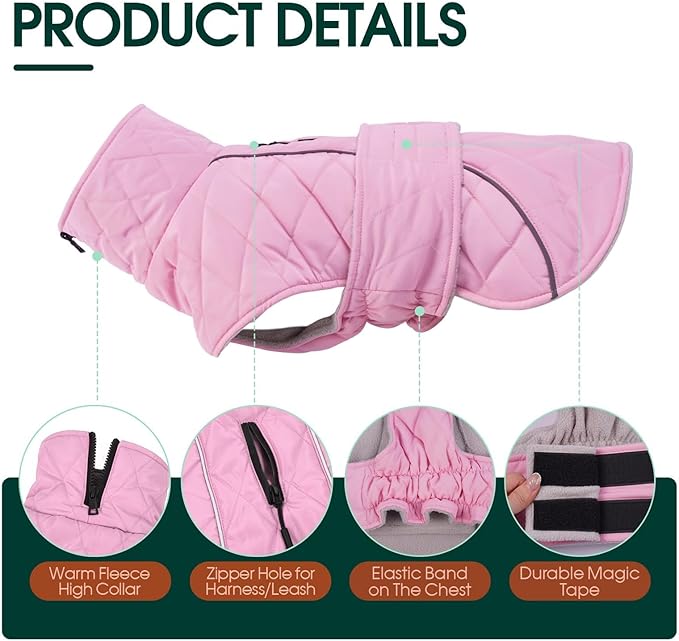 Kuoser Dog Winter Coat Waterproof Dog Snow Jacket, Warm Fleece Lined Pet Turtleneck Snowsuit Puppy Cold Weather Coats with Harness Hole, Adjustable Winter Vest for Medium Large Dogs, Pink, L