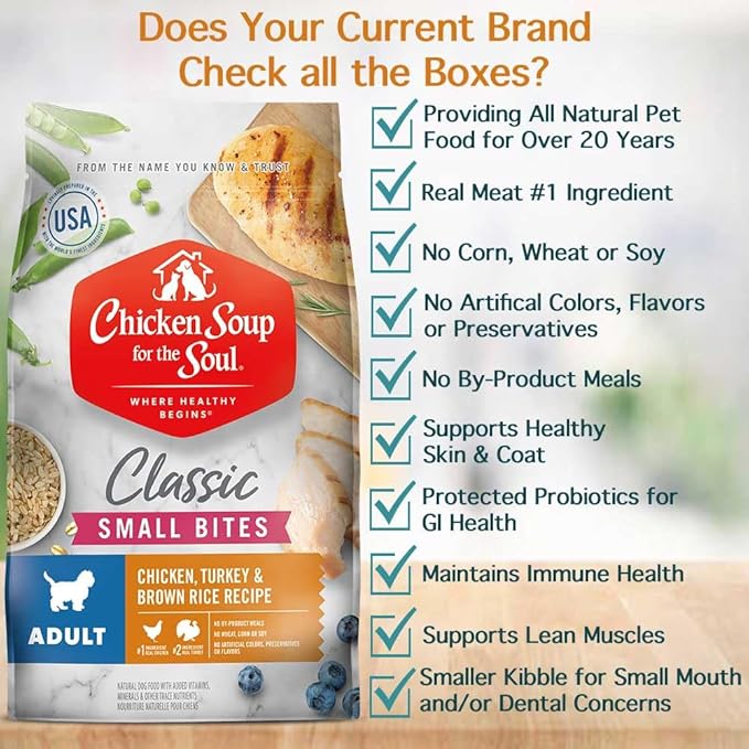 Chicken Soup for The Soul All Natural Premium Small Bites Adult Dry Dog Food, Real Meat First Ingredient, No by-Products, Supports Gut & Immune Health, Chicken, Turkey & Brown Rice, 13.5lb