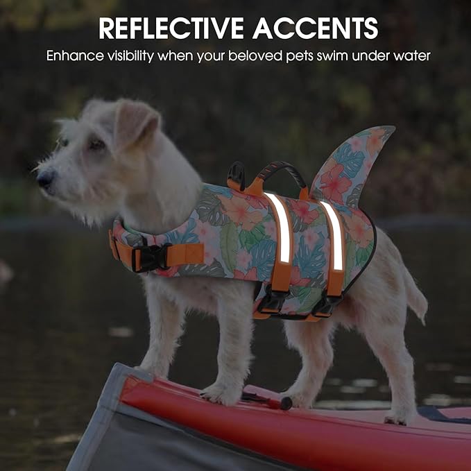 Queenmore Dog Life Jacket High Flotation, Reflective Dog Life Vest for Swimming, Adjustable Dogs Life Preserver Rescue Handle Spring Summer Pool for Small, Medium, Large Dogs (HawaiiOrange,S)