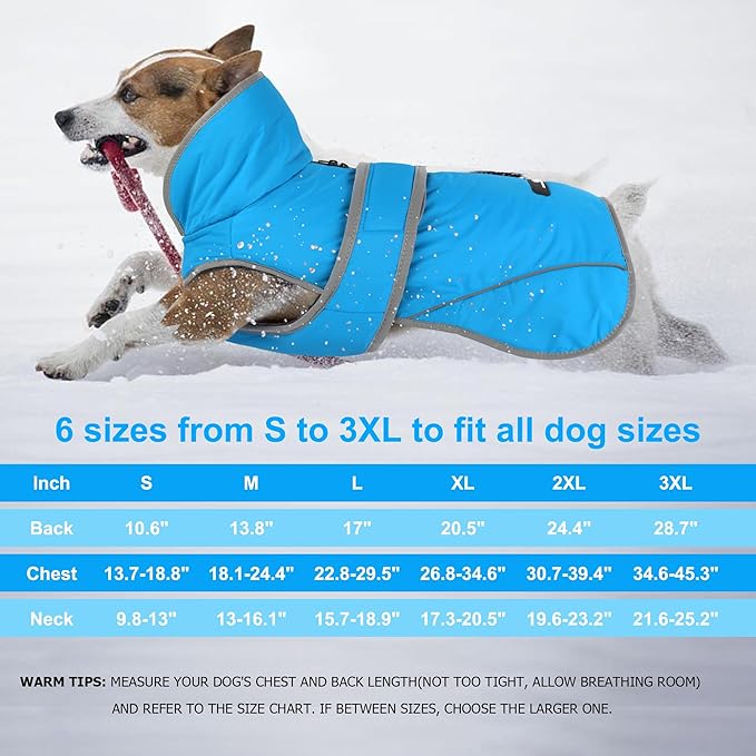 Dogcheer Dog Coat, Waterproof Dog Jacket Reflective Pet Winter Coat with Adjustable Hook & Loop, Christmas Puppy Fleece Jacket Warm Turtleneck Snowsuit for Small Medium Large Dogs - Sky Blue, XL
