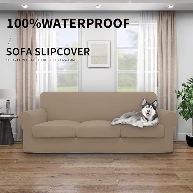 Easy-Going 100% Dual Waterproof 4 Pieces Stretch Soft Couch Cover for Dogs, Sofa Slipcover for 3 Separate Cushion Couch Leakproof Furniture Protector for Kids, Pets Camel
