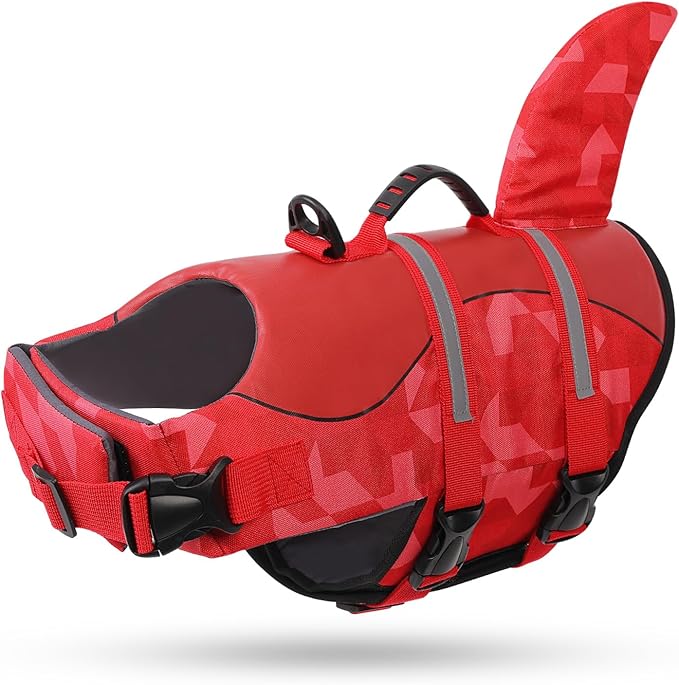 Queenmore Shark Dog Life Jacket, LifeVests for Boating, High Buoyant Dog Life Vest for Swimming, Adjustable Easy On Pet Jackets for Small, Medium, Large Dogs (Red Triangle,XL)