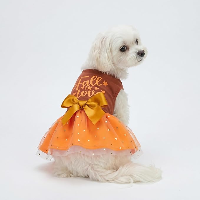 Fitwarm Thanksgiving Fall in Love Dog Dress, Sparkly Dog Clothes for Small Dogs Girl, Holiday Pet Tutu Dress, Cat Outfit, Brown, Orange, Small