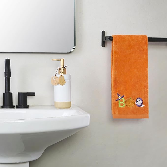 SKL Home Halloween Boo 100% Cotton Embroidered 2pc Hand Towel Set, Decorative for Bath/Kitchen/Bar & Gift, Orange
