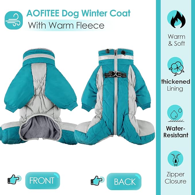 AOFITEE Fullbody Dog Coat Warm Fleece Dog Jacket, Windproof Dogs Winter Coat with Harness Built in, Reflective Turtleneck Dogs Snowsuit Puffer Jacket, Four Legged Snow Suit for Small Medium Large Pet