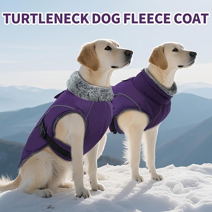 DENTRUN Winter Warm Dog Coat Reflective Jacket with Turtleneck for Cold Weather, Adjustable Buckle Windproof Water Repellent, Thick Snowsuit Fleece Vest for Small, Medium, Large Dogs, Purple, XXXL