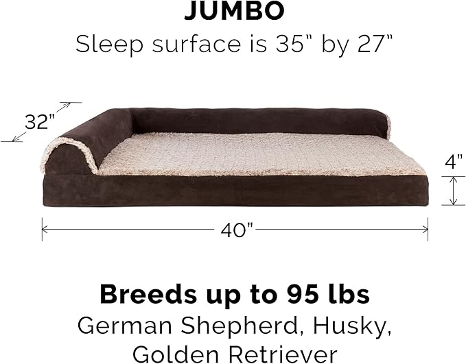 Furhaven Replacement Dog Bed Cover Two-Tone Faux Fur & Suede L Shaped Chaise, Machine Washable - Espresso, Jumbo (X-Large)