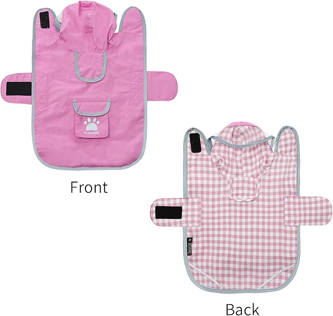 MAMORE Dog Raincoat Reversible,Waterproof Dog Rain Coat Hooded Slicker Poncho with Reflective Strip, Plaid Double Layer Rain Jacket for Small Medium Large Dogs (Dark Pink, Medium(13-22lb))