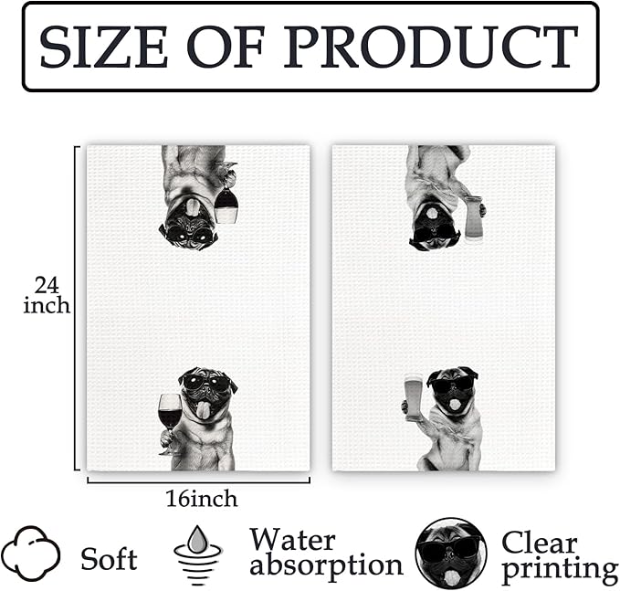 Gifts for Pug Dog Wine Lovers Kitchen Towels Set of 2, Pug Gifts Wine Decorative Hand Dish Towel for Kitchen Home Bar, Funny PugDog Beer Lover Home Bar Cart Decor(16x24 Inch)