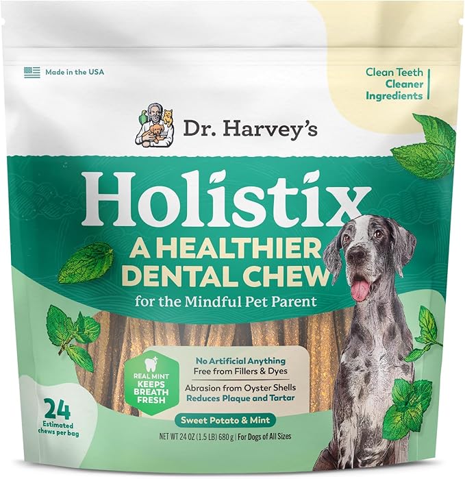 Dr. Harvey's Holistix Dental Chews for Dogs - Dog Teeth Cleaning & Fresh Breath Treats, Sweet Potato Mint (24 Sticks)