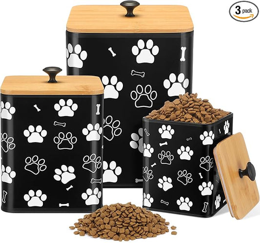 Airtight Dog Treat Container Set of 3 with Bamboo Lids Metal Treat Jars for Countertop Decorative Pet Snack Storage Canister Kitchen Biscuit Holder(Black)