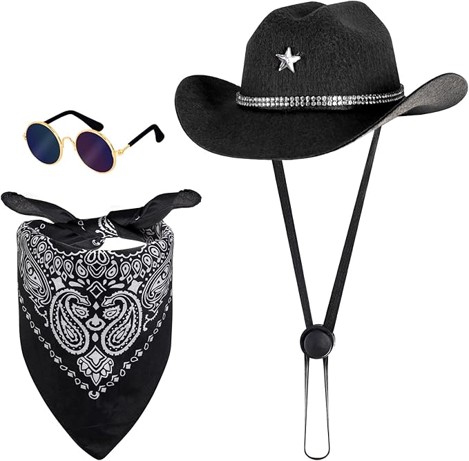3 Pcs Pet Cowboy Costume Cowboy Hat Bandanas with Sunglasses for Cats and Dogs for Halloween Christmas Holiday Party Cosplay (Black)