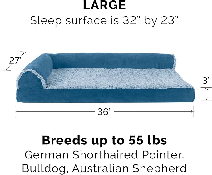 Furhaven Replacement Dog Bed Cover Two-Tone Faux Fur & Suede L Shaped Chaise, Machine Washable - Marine Blue, Large