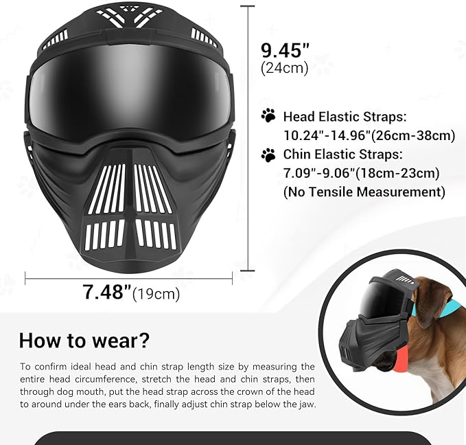 Namsan Large Dog Goggles with Basket Muzzle, Breathable, Full Face Protective, Dog Sunglasses with Mouth Cover for Medium to Large Dogs, Adjustable, Black