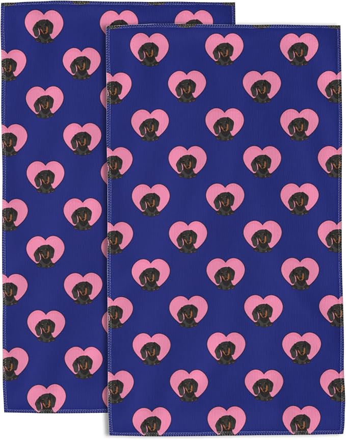 Dachshund Dog Hand Towel Set,Valentine's Day Pink Heart Hand Towels for Bathroom 2 Pack Soft Absorbent Decorative Dish Towel for Kitchen Sports Gym Yoga Home Decor 14 x 28 in