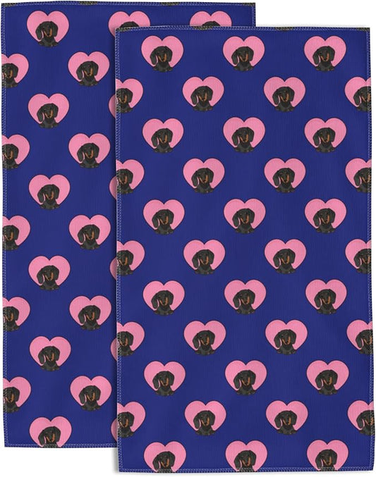 Dachshund Dog Hand Towel Set,Valentine's Day Pink Heart Hand Towels for Bathroom 2 Pack Soft Absorbent Decorative Dish Towel for Kitchen Sports Gym Yoga Home Decor 14 x 28 in