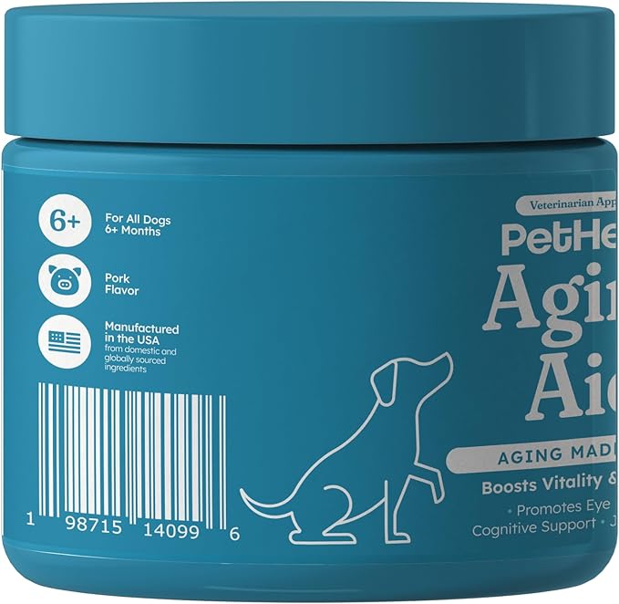 PetHeal Aging Aid Chews for Senior Dogs - Vet-Reviewed - Supports Joints, Energy & Vision with Hemp, DHA, Blueberry & Spinach | Fights Inflammation & Promotes Vitality | 30 Pork-Flavored Soft Chews