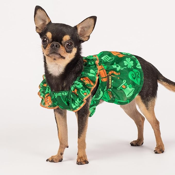 Fitwarm St Patricks Day Ruffle Dog Dress, Lucky Dog Clothes for Small Dogs Girl, Funny Pet Outfit, Green, Orange, XXS