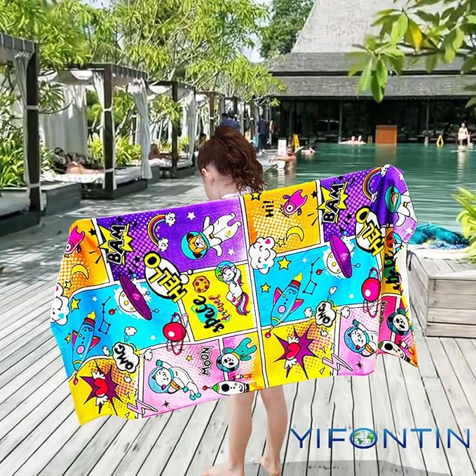 YIFONTIN Kids Beach Towel Soft Absorbent Velour Throw Blanket 100% Cotton 51.0"x25.5" Gift for Bath Swimming Sports Camping Picnic Travel Vacation, Space Planet Rocket Unicorn Bear Panda UFO.