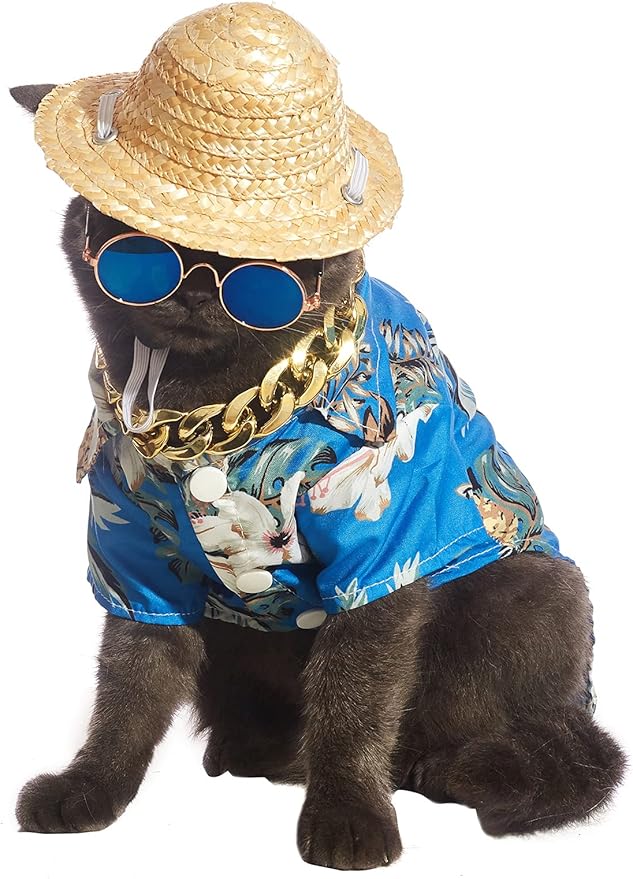 Hawaiian Dog T Shirts Pet Summer Clothes Cat Sunglasses Funny Straw Hat Kitten Costumes with Gold Chain Collar (Medium,Blue)