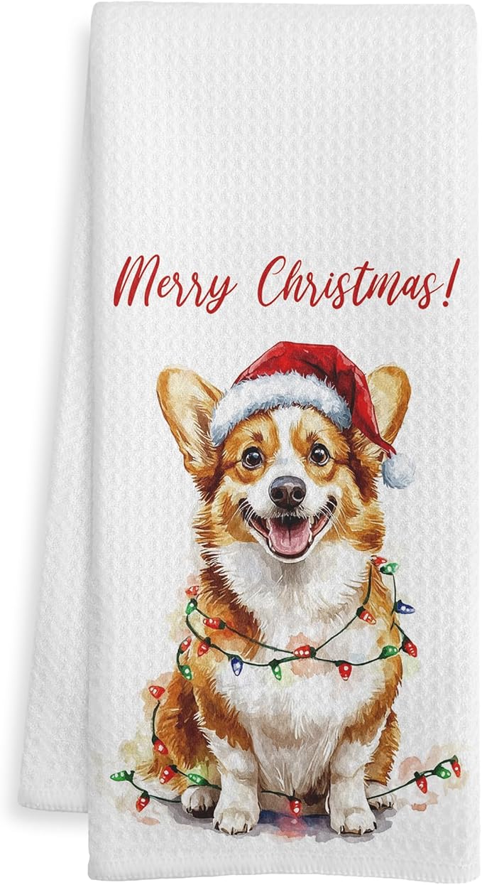 Corgi Christmas Kitchen Towels, Corgi Gifts for Women Men Dish Tea Towels, Dog Lover Gifts Decorative Hand Towel for Bathroom, Christmas Bathroom Decor, 16X24 Inch