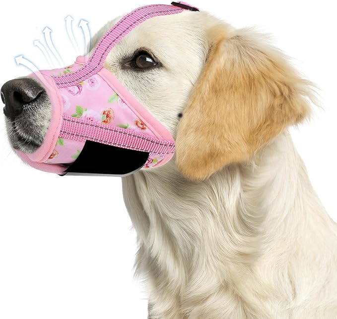 PAWCHIE Dog Muzzle, Soft Muzzle Anti Biting Barking Chewing, Comfortable Air Mesh Mouth Guard Breathable Adjustable Loop Pets Muzzle for Small Medium Large Dogs,Allows Panting Drinking,Pink Flowers L
