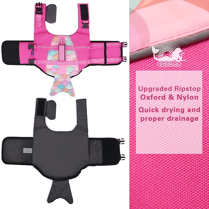 cyeollo Dog Life Jacket Mermaid Dog Safety Vest with Rescue Handle Refletive Strip Small Dogs Life Vests for Swimming Boating, Pink S