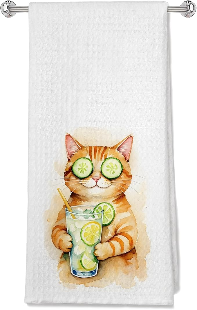 Funny Cocktail Orange Cat Kitchen Towels, Orange Tabby Cat Gifts Dish Tea Towels for Bar Cart Kitchen, Cocktail Lovers Gifts Decorative Hand Towel for Bathroom, 16x24 Inches