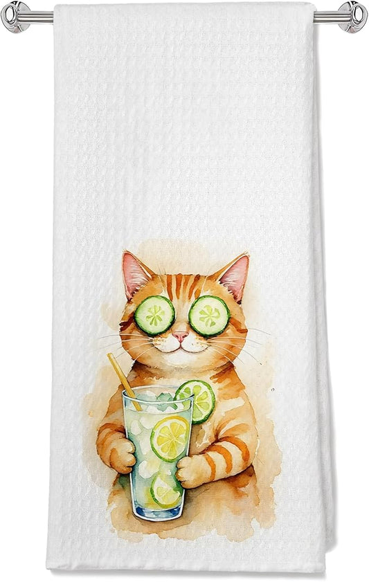 Funny Cocktail Orange Cat Kitchen Towels, Orange Tabby Cat Gifts Dish Tea Towels for Bar Cart Kitchen, Cocktail Lovers Gifts Decorative Hand Towel for Bathroom, 16x24 Inches