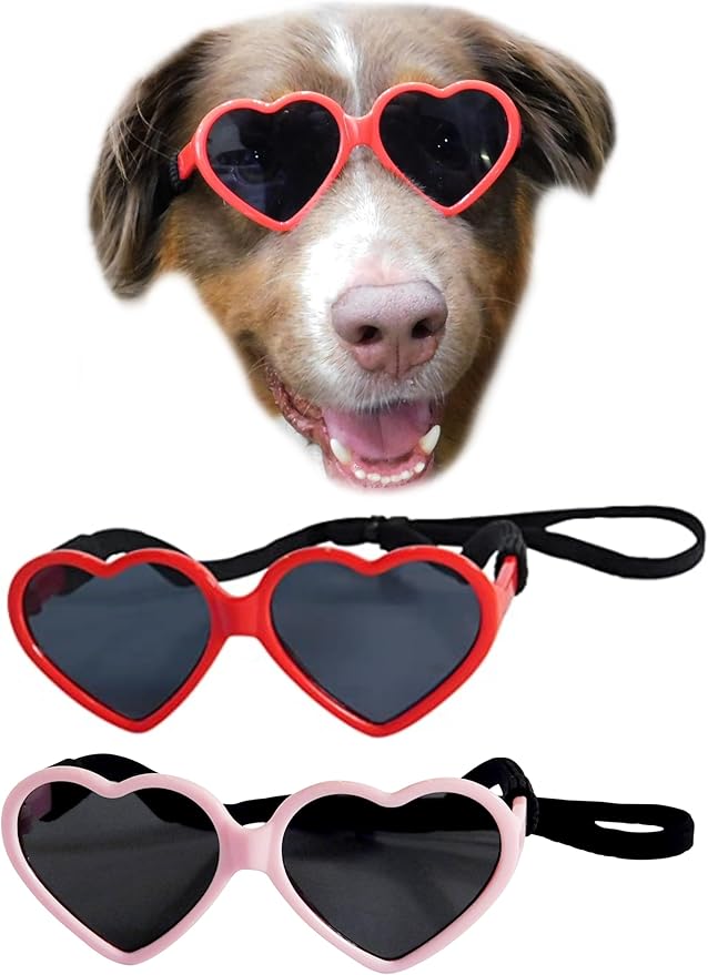 G012 Dog Pet Costume Prop Sunglasses Heart Shape Medium Breeds 20lb-40lbs (2-Pack Red + Pink)