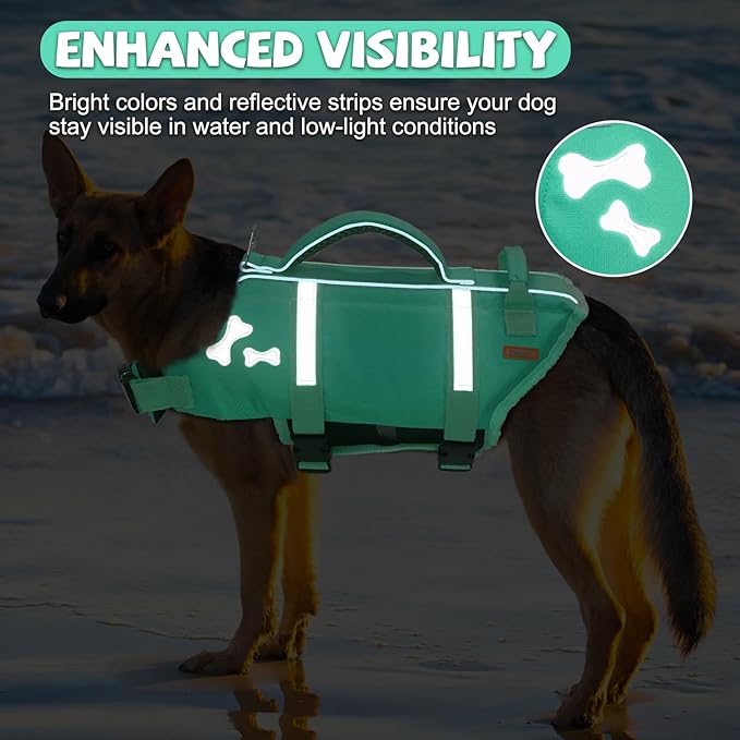 EMUST Dog Life Vests, Adjustable XS Dog Life Jacket with Rescue Handle, Puppy Flotation Vest for Small/Medium/Large Dogs, Turquoise, XS