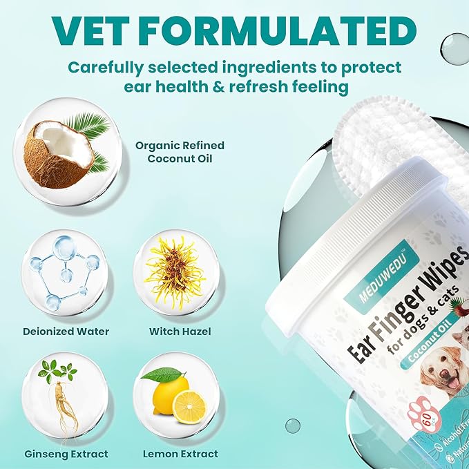 Ear Cleaner Finger Wipes 60 Counts, Dog Ear Cleaner, Grooming Kit Care for Dogs and Cats, Soft & Easy Otic Cleaning Pads, Remove Wax, Dirt & Stop Smelly, Itchy, Non-Irritating, Coconut Scent