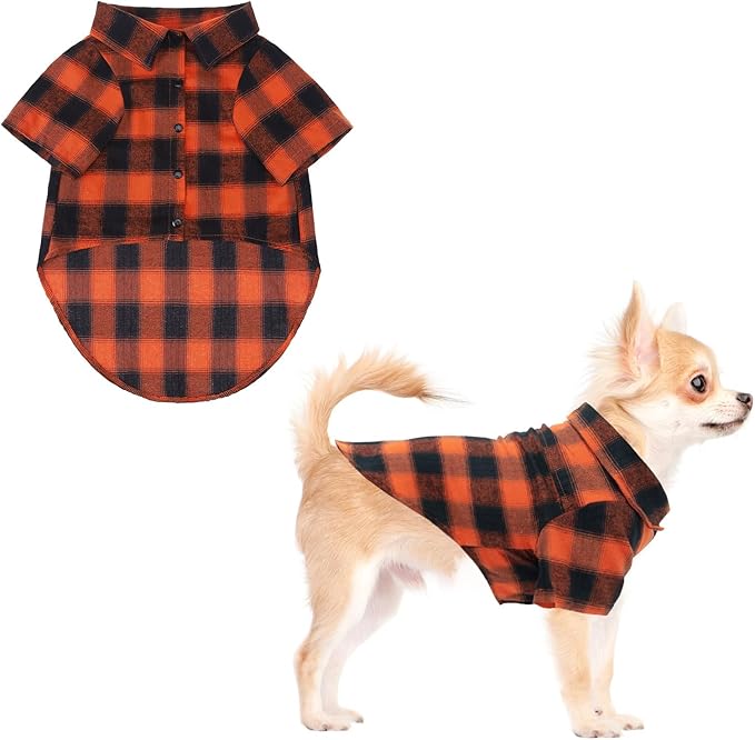 KOOLTAIL Fall Dog Shirt, Thanksgiving Orange Plaid Pet Shirts, Cute Dog Apparel Clothes Suitable for All Seasons, Comfortable Dogs T-Shirt for Small Medium Large Dogs Cats, Pet Outfit Costume, S