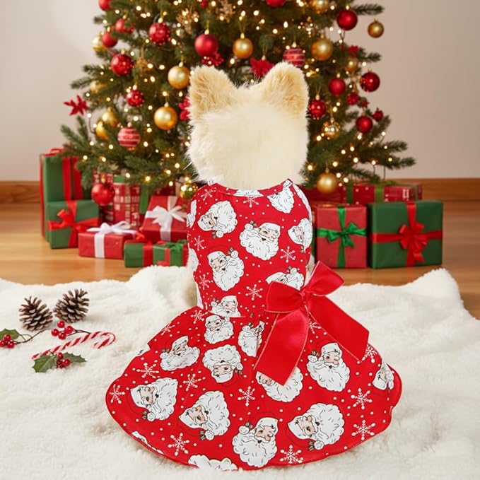 Christmas Santa Claus Dog Dress, Festive Holiday Pet Skirt Outfit with Snowflake Design for Small and Medium Dogs