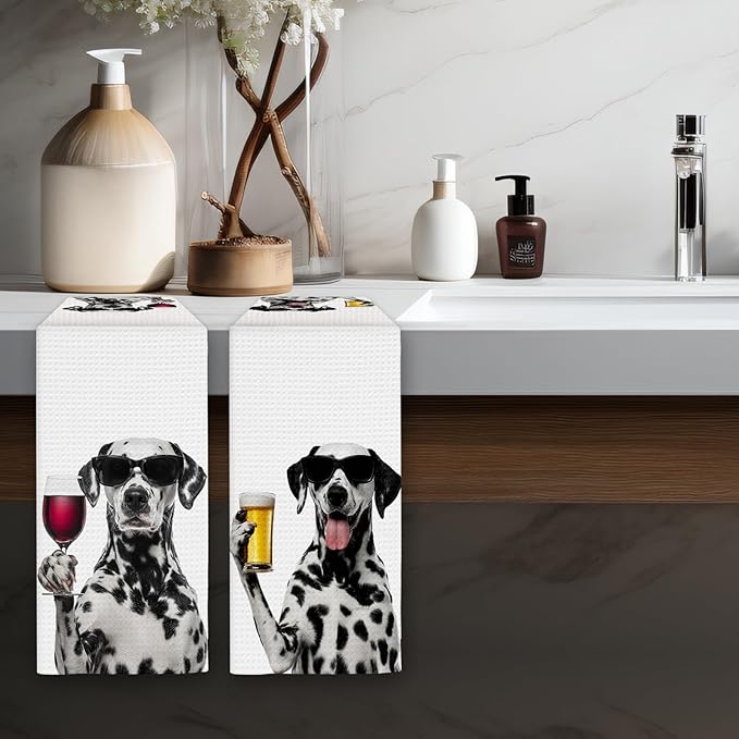 Dalmatian Gifts Wine Kitchen Towels Set of 2, Gifts for Dalmatian Dog Wine Lovers Decorative Hand Dish Towel for Kitchen Home Bar, Funny Dog Beer Lover Home Bar Cart Decor(16x24Inch)