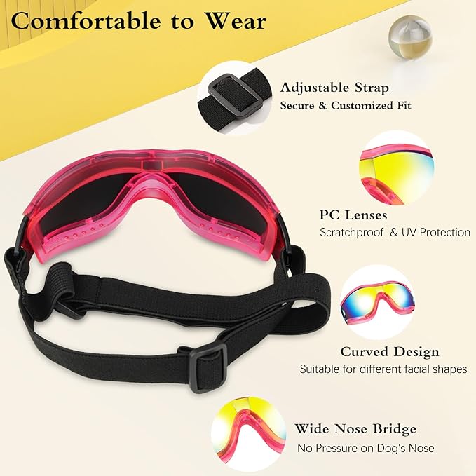 Lewondr Dog Goggles Medium to Large Breed, Dog Sunglasses with Adjustable Straps, UV/Wind/Dust/Fog/Snow Proof Dog Eye Protection Sunglasses for Outdoor Driving Riding, Pink