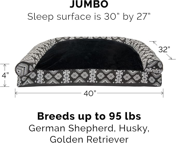 Furhaven Pillow Dog Bed for Large Dogs w/ Removable Bolsters & Washable Cover - Plush & Southwest Kilim Woven Decor Sofa - Black Medallion, Jumbo/XL