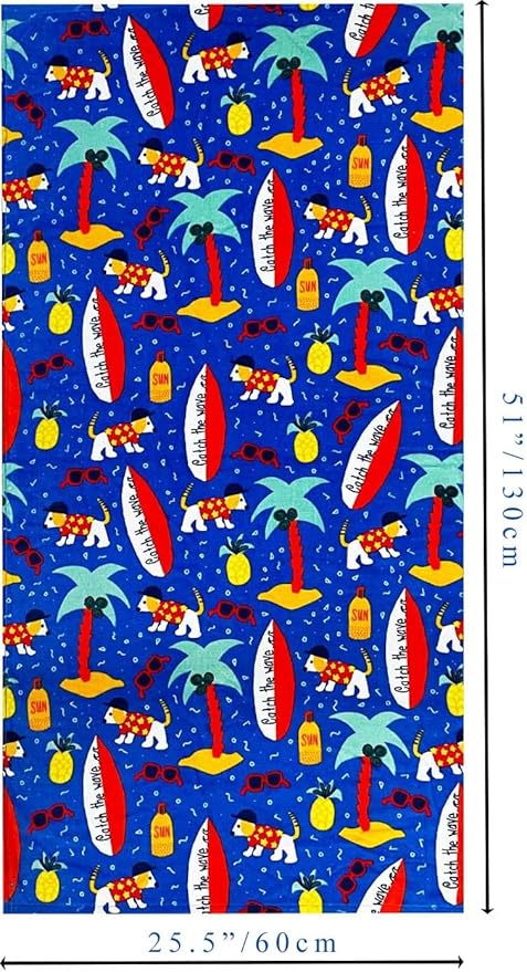 YIFONTIN Kids Beach Towel 100% Cotton Soft Absorbent Velour Throw Blanket 25.5X51 inches Gift for Bath Sports Swimming Pool Camping Picnic Holiday, Surfboard Puppy Coconut Pineapple Sunglasses.