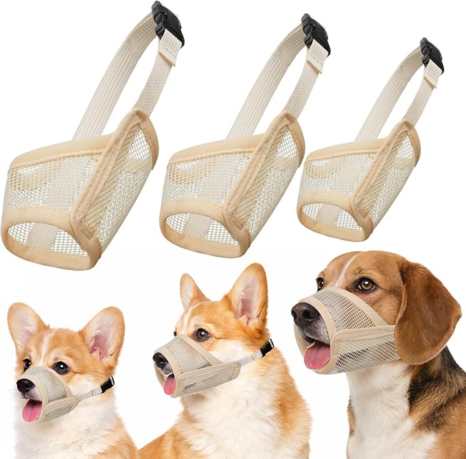 Dog Muzzle Suits for Small Medium Large Dogs, Mesh Muzzle Anti Biting Chewing, Breathable Mouth Cover Set with Adjustable Strap for Grooming Vet Visiting Training (3 PCS(S-L), Beige)