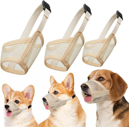 Dog Muzzle Suits for Small Medium Large Dogs, Mesh Muzzle Anti Biting Chewing, Breathable Mouth Cover Set with Adjustable Strap for Grooming Vet Visiting Training (3 PCS(S-L), Beige)