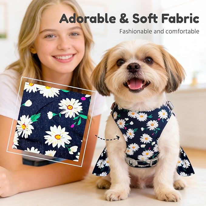 BAEJMJK Dog Dress Bowknot Harness Leash Set for Small Dogs Cats Daisy Floral Girl Dog Dresses Cute Puppy Princess Clothes Pet Doggy Outfits Spring Summer Breathable Dresses (X-Small, Navy Blue)